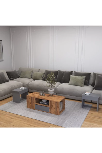 AYMOBSAN Lila Orta Sehpa 3'lü Takım Zigonlu Modern, 100 cm, Atlantik Çam - Sis Gri - 2