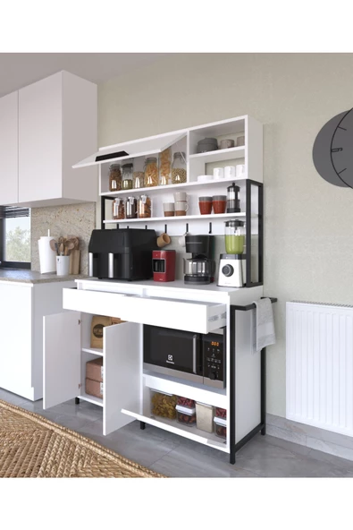 AYMOBSAN Defne Kahve Köşesi, Çok Amaçlı Dolap, 3 Kapaklı 2 Çekmeceli, Kiler Mutfak Dolabı, Beyaz - 2