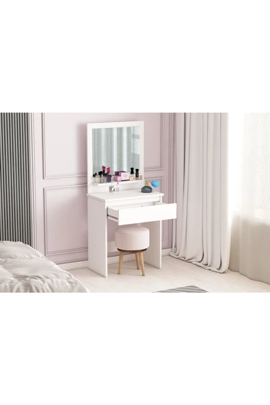 AYMOBSAN Luna Makyaj Masası, Raflı, Çekmeceli, Aynalı, Beyaz - 2