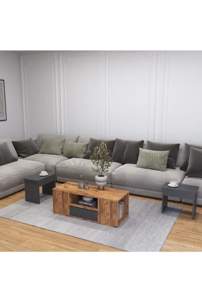 AYMOBSAN Lila Orta Sehpa 3'lü Takım Zigonlu Modern, 100 cm, Atlantik Çam - Antrasit - 2