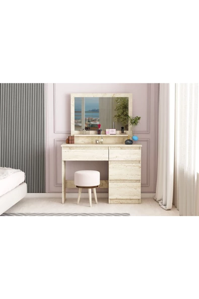AYMOBSAN Duru Makyaj Masası, 4 Çekmeceli, Aynalı, Raflı Traverten