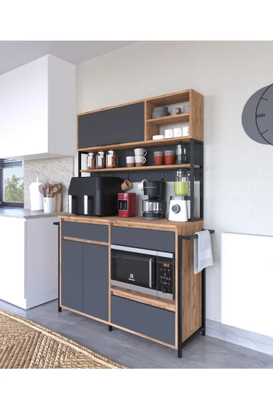 AYMOBSAN Defne Kahve Köşesi, Çok Amaçlı Dolap, 3 Kapaklı 2 Çekmeceli, Kiler Mutfak Dolabı - 2