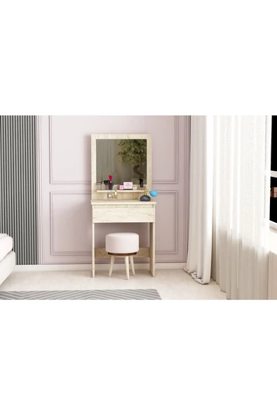 AYMOBSAN Luna Makyaj Masası, Raflı, Çekmeceli, Aynalı, Traverten - 3