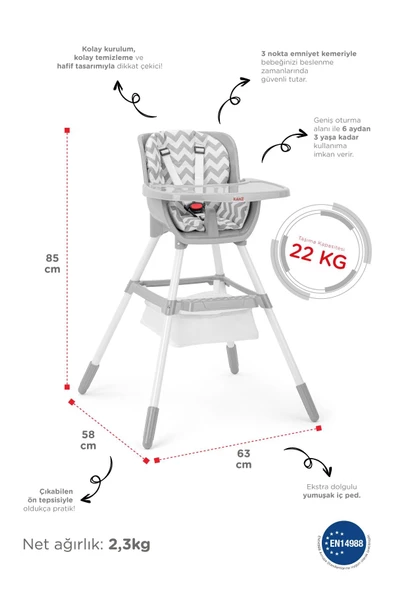 Kanz Seul Sepetli Mama Sandalyesi Gri - 2
