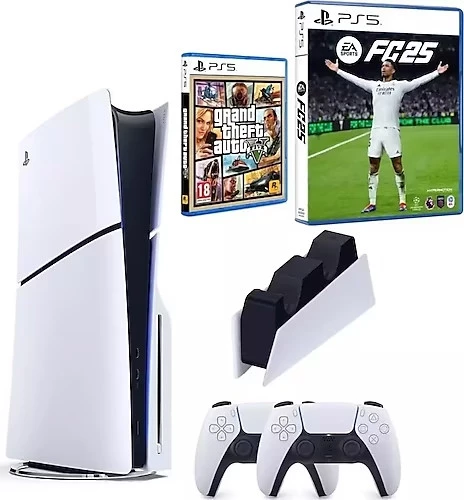 Sony Playstation 5 Slim Cd Edition + 2. DualSense Ps5 Kol + Sarj istasyonu + Fifa Fc 25 + GTA 5 (ithalatçı Garantili)