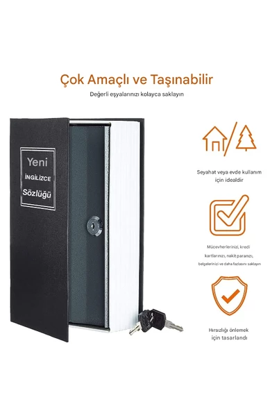 QASUL Kitap Görünümlü Altın Saklama Anahtarlı Çelik Mini Kasa Mücehver Kutusu Kilitli Kasa Kumbara - 5