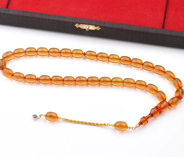 14 Ayar Altın Zincirli Ateş Kehribar Tesbih ürün görseli 1