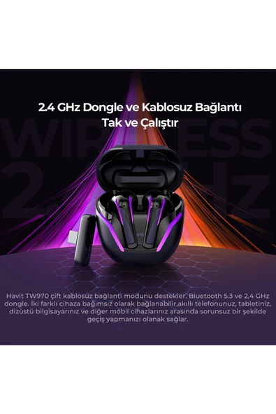 Havit  TW970 TWS RGB Gaming Bluetooth Kulaklık - 2.4GHz ve Bluetooth Modu - Beyaz - 8
