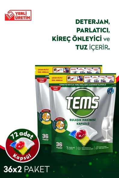 TEMS 4 Etkili Bulaşık Makinesi Kapsül Deterjanı 72'li ( 2x 36'lı Paket)