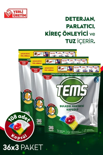 TEMS 4 Etkili Bulaşık Makinesi Kapsül Deterjanı 108'li ( 3x 36'lı Paket)