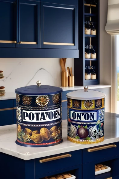 La Dolce Vita Sicilya Esintili Metal Lacivert  Beyaz Patates Soğan Kovası Sebzelik  28*22-25*18 (3)
