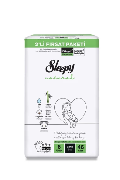 Sleepy Natural 2'li Fırsat Paketi 6 Numara XLarge Bebek Bezi 46 Adet