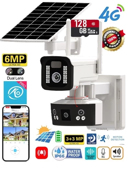 OKAM 3920 6MP 2 KAMERALI 3 EKRANLI 4G SİM KART DESTEKLİ GÜNEŞ ENERJİLİ 360°GÜVENLİK KAMERASI + 128Gb Hafıza Kartı