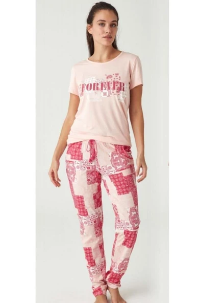 Mod Collection %100 Pamuk 0 Yaka Kısa Kol Bayan Pijama Takım - Resim 2