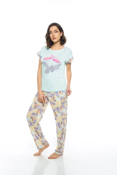 Estiva Kuğulu Palmiye Desen Viskon Bayan Pijama Takım - 5