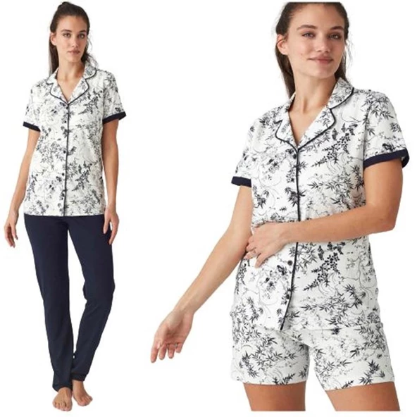 Mod Collection Pamuk Önden Düğmeli 3'lü Bayan Pijama Takım - 3