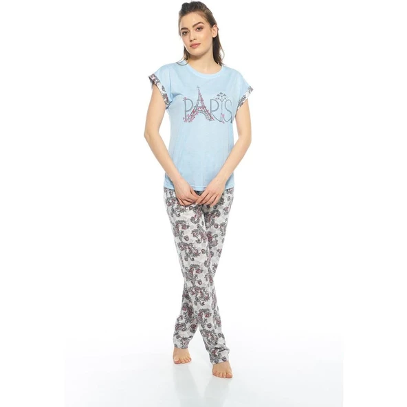 Estiva Paris Desenli Kısa Kol Viskon Bayan Pijama Takımı - 3