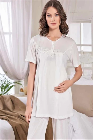 Emose 3948 Taşlı Çiçek Lohusa Pijama Takım - 3