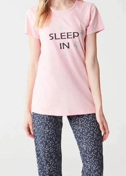 Mod 3287 Pamuklu Sıfır Yaka Kısa Kol Bayan Pijama Takım - 3