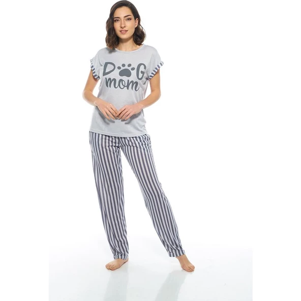 Estiva Çizgili Patili Viskon Kısa Kol Bayan Pijama Takım