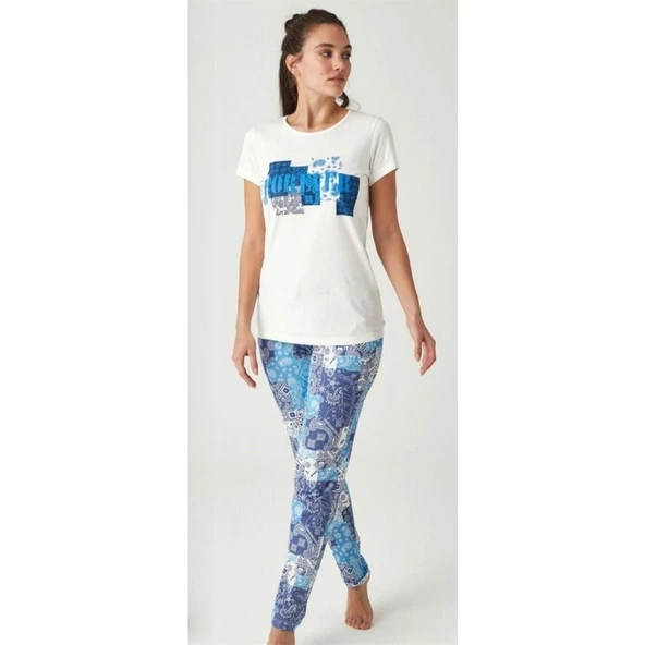 Mod Collection %100 Pamuk 0 Yaka Kısa Kol Bayan Pijama Takım - Resim 3