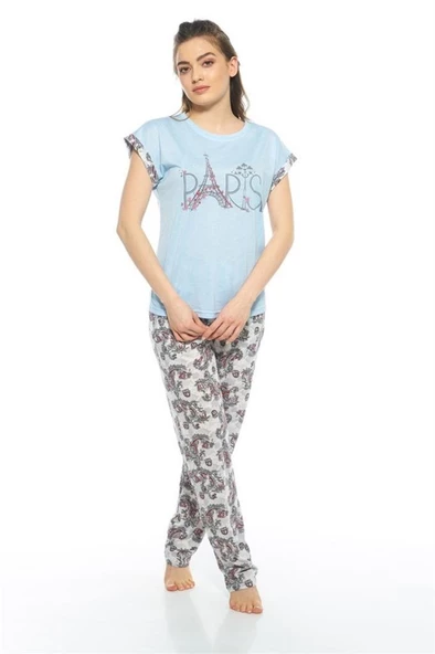 Estiva Paris Desenli Kısa Kol Viskon Bayan Pijama Takımı - 7