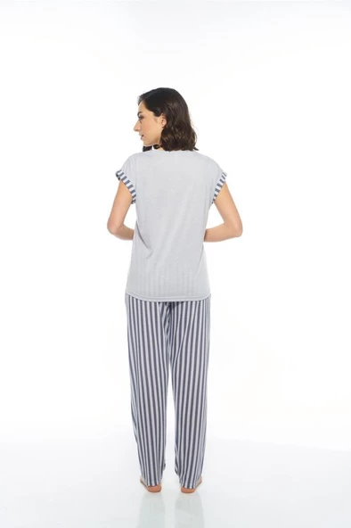 Estiva Çizgili Patili Viskon Kısa Kol Bayan Pijama Takım - Resim 6