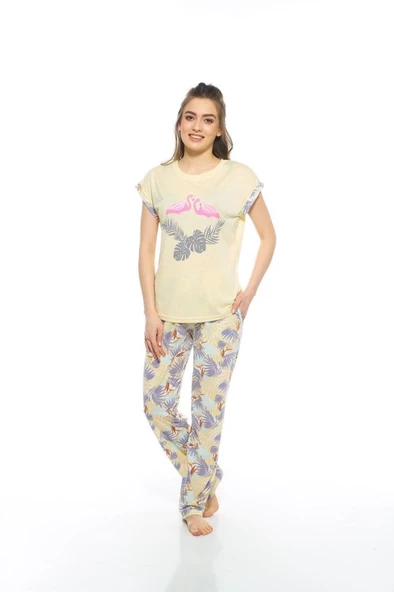 Estiva Kuğulu Palmiye Desen Viskon Bayan Pijama Takım - 7