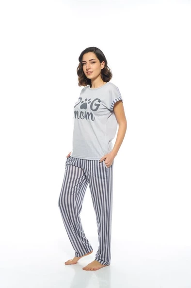 Estiva Çizgili Patili Viskon Kısa Kol Bayan Pijama Takım - Resim 5