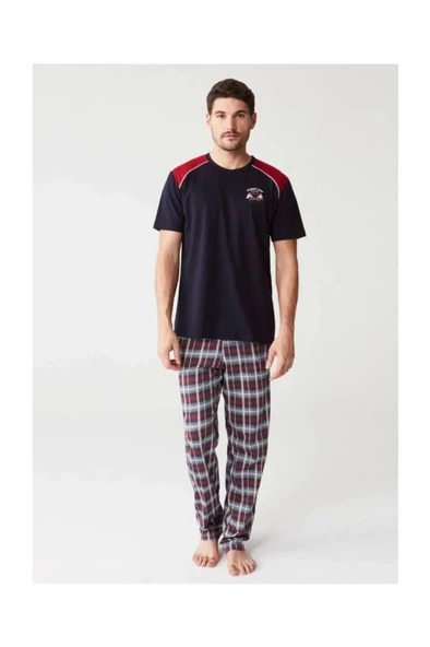 Mod 3240 Ekose Altı Kareli Penye Kısa Kol Erkek Pijama Takım - 3