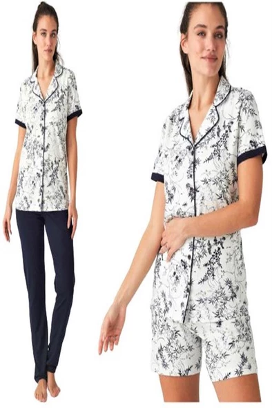 Mod Collection Pamuk Önden Düğmeli 3'lü Bayan Pijama Takım - 4