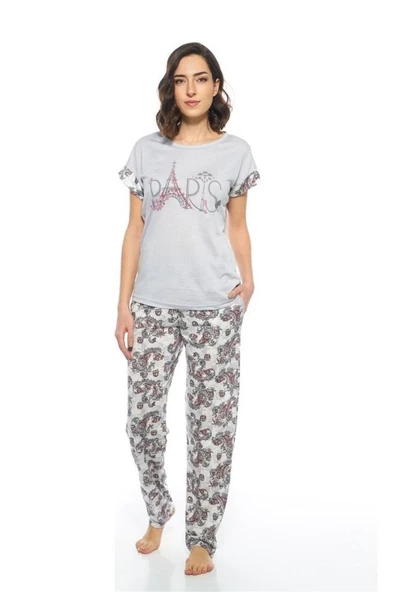 Estiva Paris Desenli Kısa Kol Viskon Bayan Pijama Takımı - 5