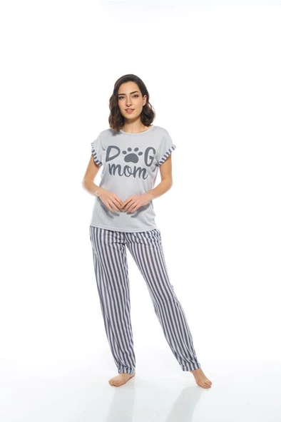 Estiva Çizgili Patili Viskon Kısa Kol Bayan Pijama Takım - Resim 4