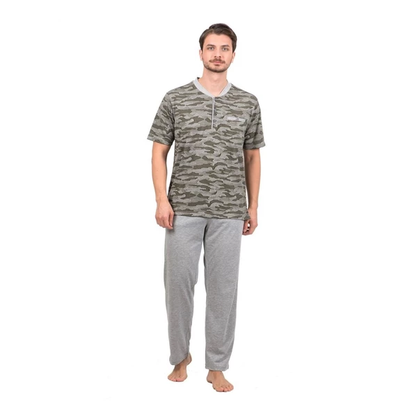 Çift Kaplan Pamuklu Jakarlı Kısa Kol Erkek Pijama Takım