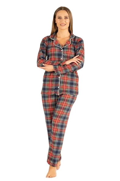 Estiva Ekose Kareli Boydan Düğmeli Süet Bayan Pijama Takım - 5
