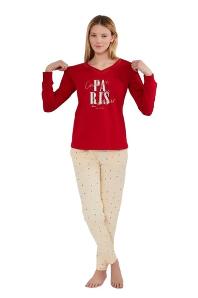 Pierre Cardin V Yaka Uzun Kol %100 Pamuk Bayan Pijama Takım - Resim 5