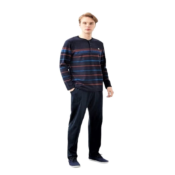 Poleren Patlı Yaka Çizgili Desen Pamuklu Erkek Pijama Takım - 2