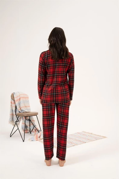 Estiva Kareli Desen Önden Düğmeli Süet Bayan Pijama Takım - 8