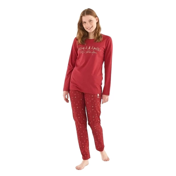 U.S. Polo Assn. Sıfır Yaka Pamuklu Kışlık Bayan Pijama Takım