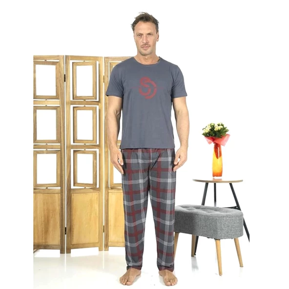 Estiva Patlı Pamuklu Kısa Kol Ekose Kareli Erkek Pijama Takım - 4