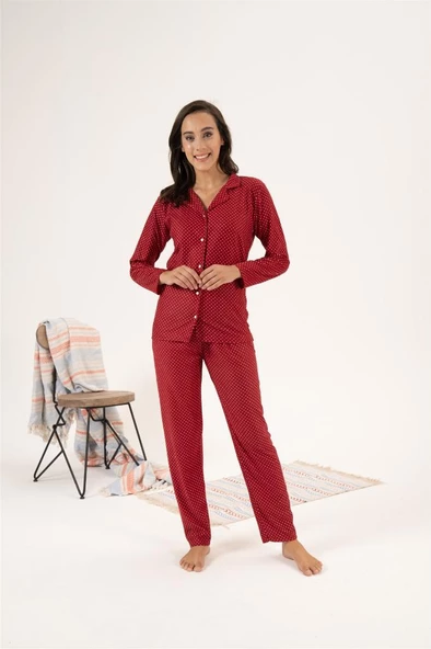 Estiva Puantiye Desen Önden Düğmeli Süet Bayan Pijama Takım - 6