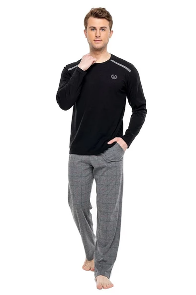 Mod Collection Pamuklu Sıfır Yaka Kareli Erkek Pijama Takım - 10
