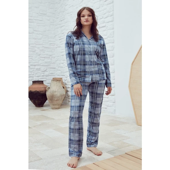Eros Ekose Desen Boydan Düğmeli Bayan Pijama Takım - 2