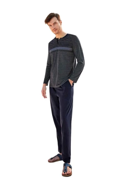 Berrak Patlı Sıfır Yaka Jakarlı Uzun Kol Erkek Pijama Takım - 4