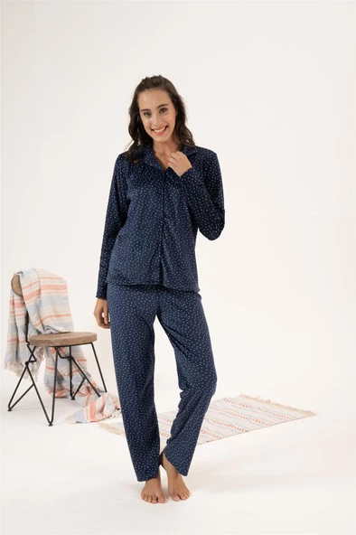 Estiva Puantiyeli Önden Düğmeli Kadife Bayan Pijama Takım - 7