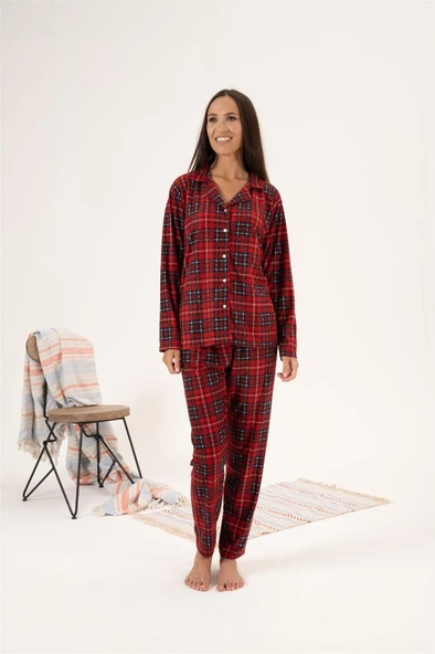 Estiva Kareli Desen Önden Düğmeli Süet Bayan Pijama Takım - Resim 5