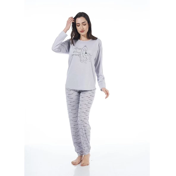 Estiva Desenli Uzun Kol Viskon Bayan Pijama Takım