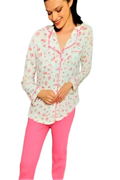 Limissi 23610 Pamuk Çiçek Desen Önden Düğmeli Bayan Pijama Takım - 4
