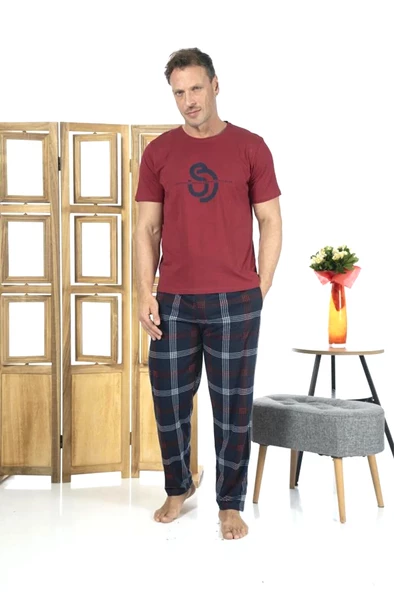 Estiva Patlı Pamuklu Kısa Kol Ekose Kareli Erkek Pijama Takım - 7