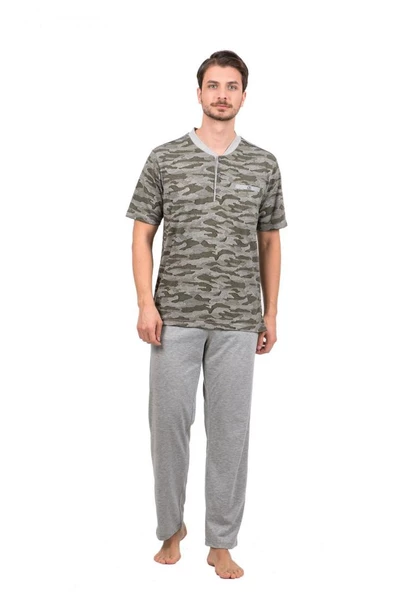 Çift Kaplan Pamuklu Jakarlı Kısa Kol Erkek Pijama Takım - 3